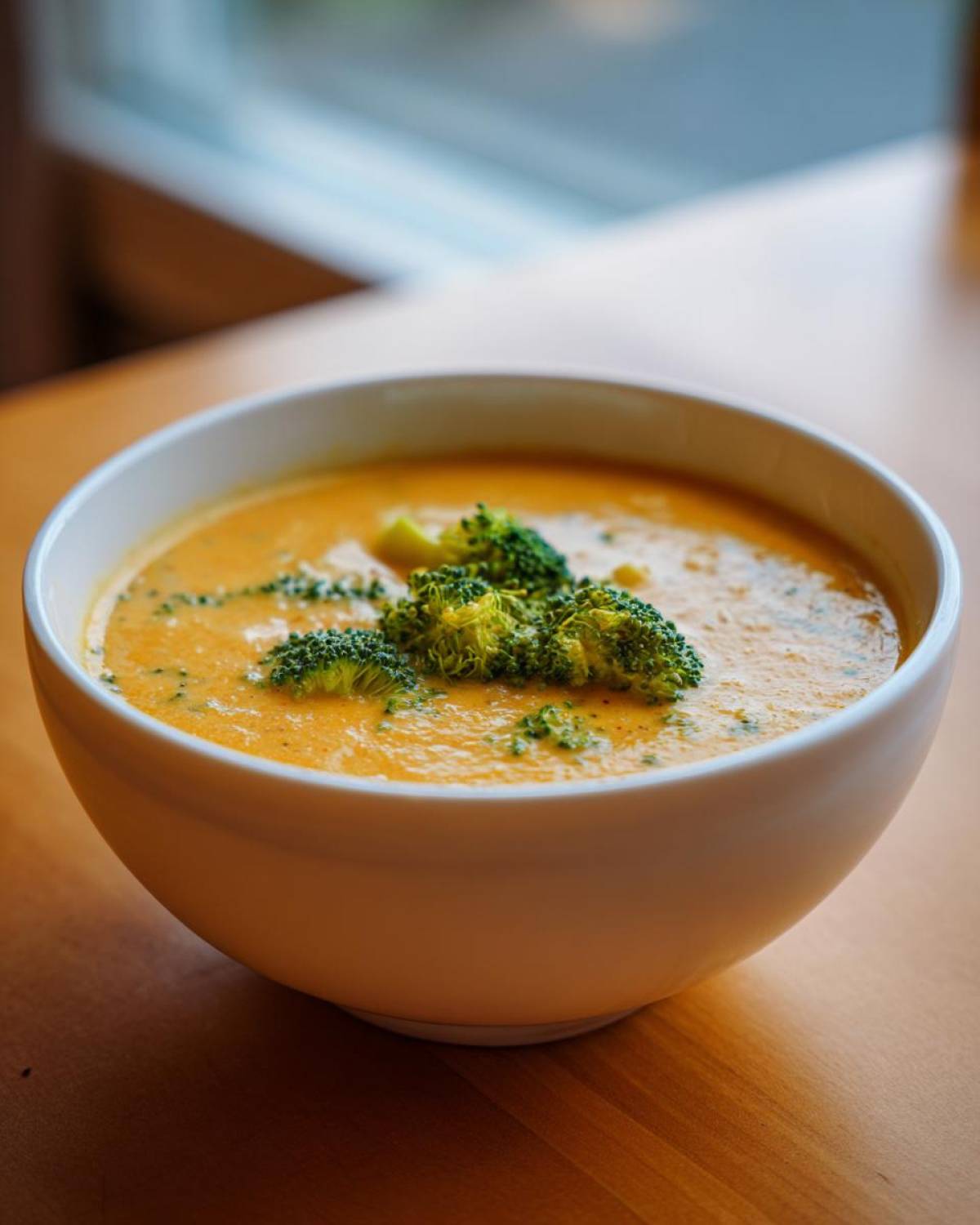 A creamy, orange-hued bowl of Copycat Broccoli Cheddar Soup topped with fresh broccoli florets.