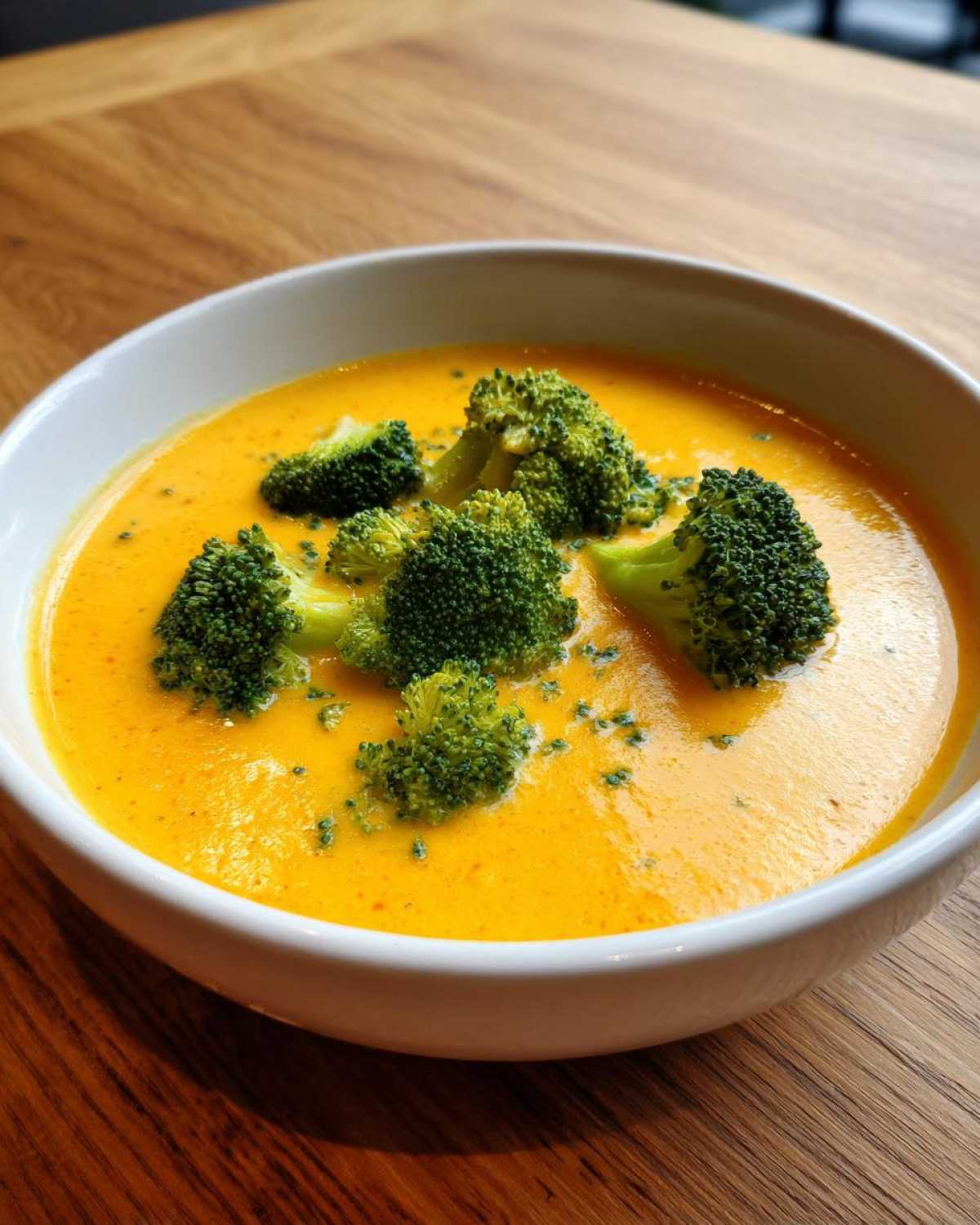Close-up of a white bowl filled with vibrant orange Copycat Broccoli Cheddar Soup, topped with fresh broccoli florets.