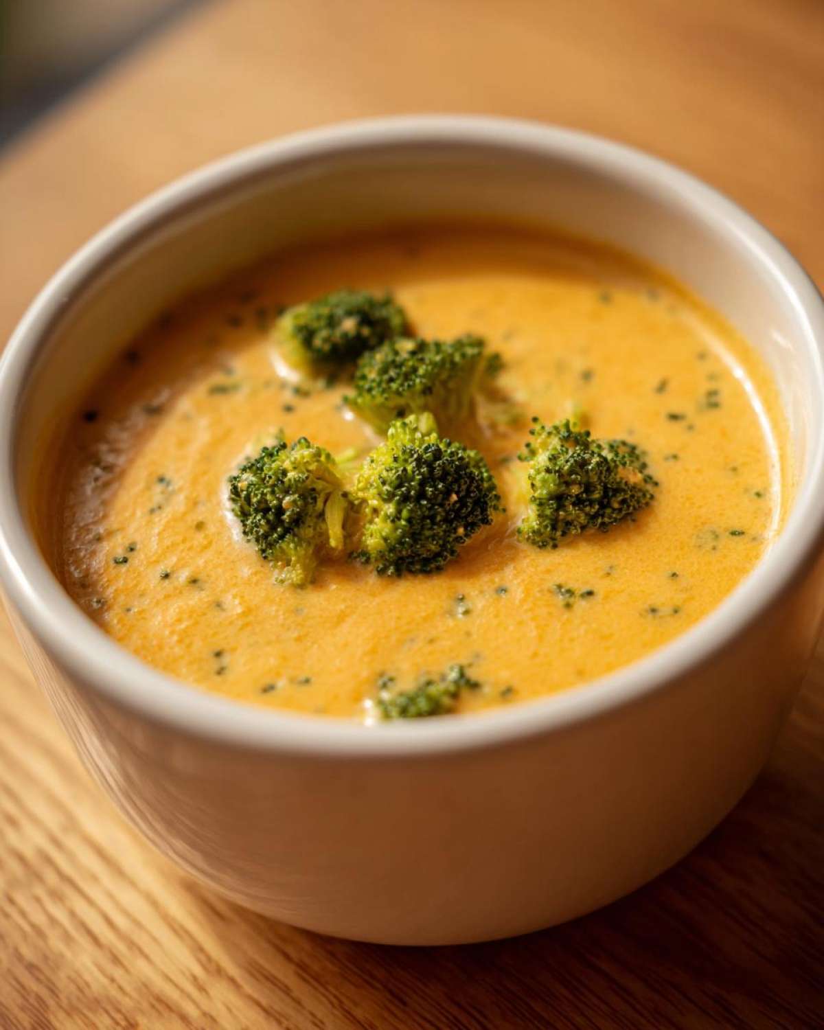 Close-up of a bowl filled with rich, orange Copycat Broccoli Cheddar Soup topped with fresh broccoli florets.