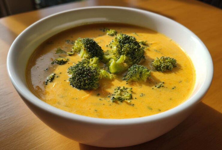 A close-up of thick, creamy Copycat Broccoli Cheddar Soup topped with bright green broccoli florets in a white bowl.