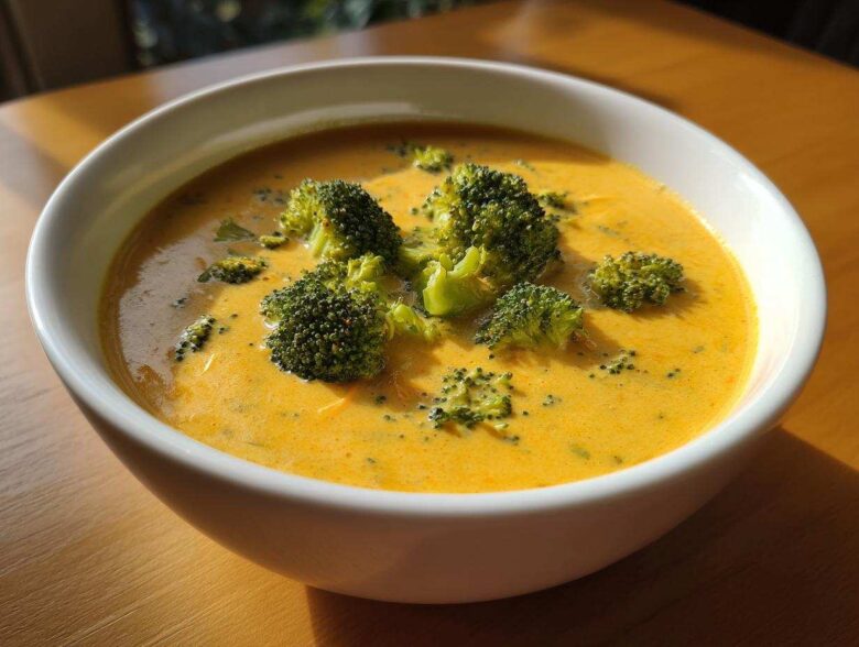 A close-up of thick, creamy Copycat Broccoli Cheddar Soup topped with bright green broccoli florets in a white bowl.