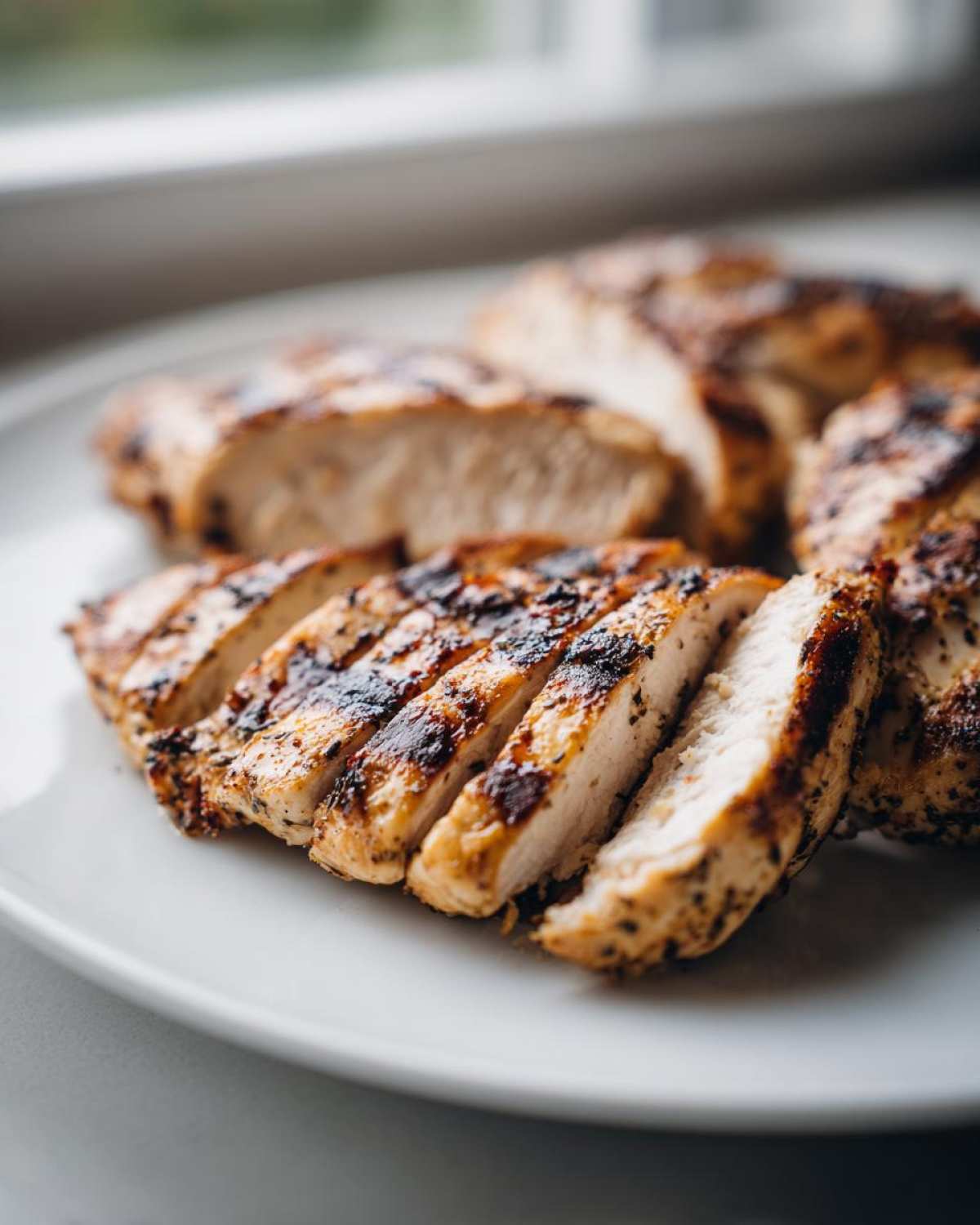 Close-up of perfectly grilled and sliced Copycat Chipotle Chicken on a white plate.