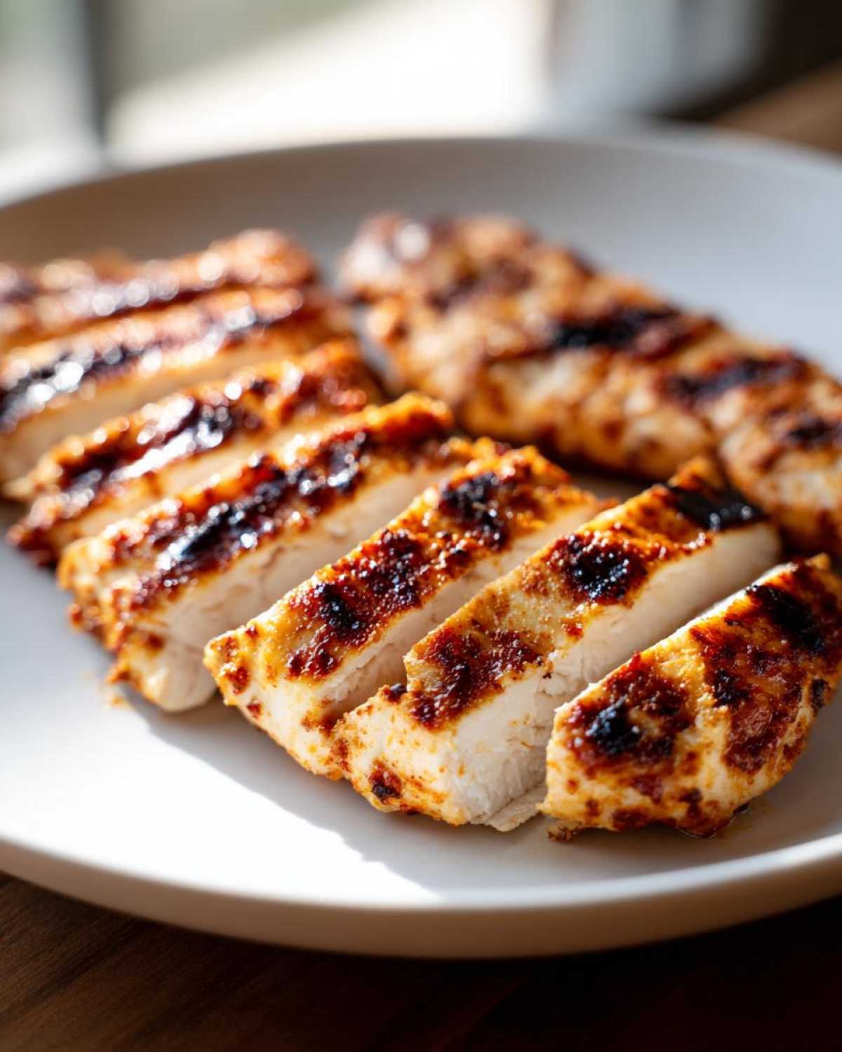 Close-up of perfectly grilled and sliced Copycat Chipotle Chicken breasts on a white plate.