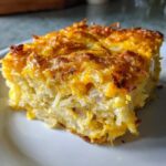 Close-up of a cheesy, golden-brown slice of Copycat Cracker Barrel Hashbrown Casserole on a white plate.
