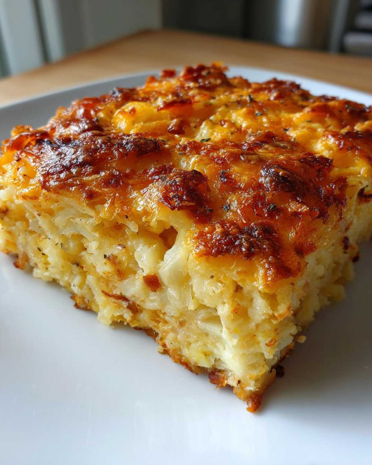 A close-up of a square slice of Copycat Cracker Barrel Hashbrown Casserole with a golden, cheesy, baked top.