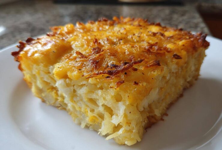 A close-up of a square slice of Copycat Cracker Barrel Hashbrown Casserole with a golden, cheesy, crispy top.