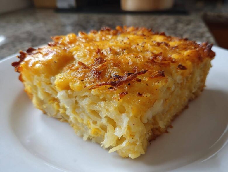 A close-up of a square slice of Copycat Cracker Barrel Hashbrown Casserole with a golden, cheesy, crispy top.