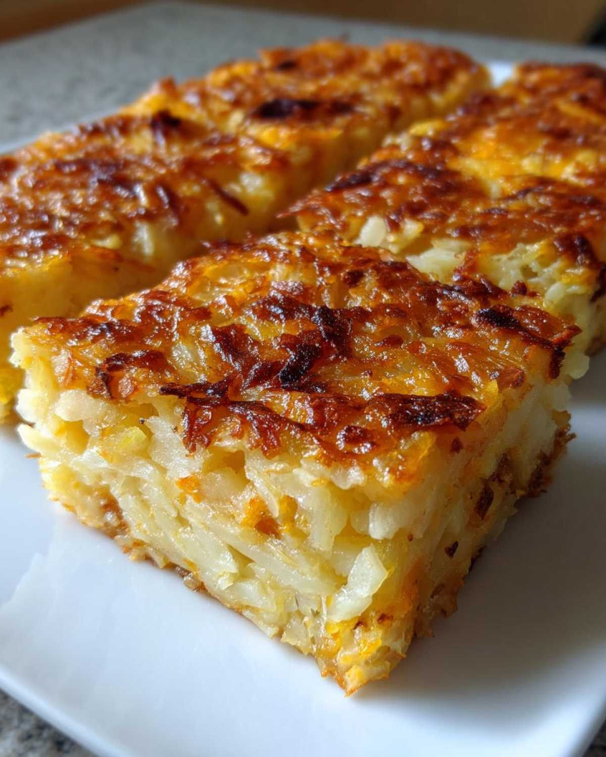 Close-up of several golden-brown squares of Copycat Cracker Barrel Hashbrown Casserole on a white plate.