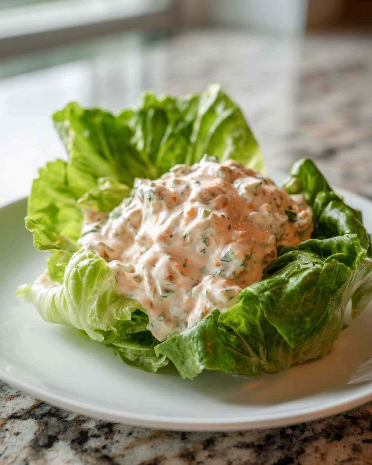 A dollop of creamy Copycat Olive Garden Salad Dressing served inside a crisp piece of romaine lettuce on a white plate.