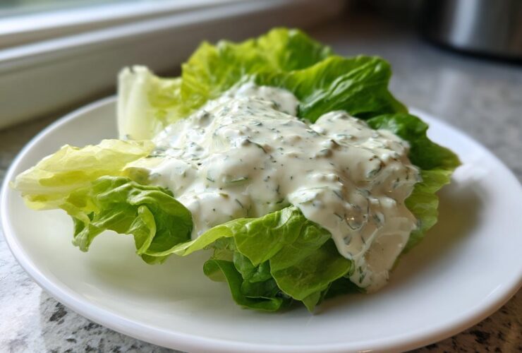 A dollop of creamy Copycat Olive Garden Salad Dressing generously topping a crisp piece of romaine lettuce on a white plate.
