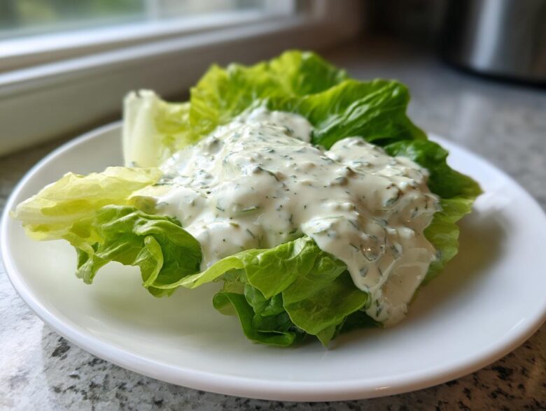 A dollop of creamy Copycat Olive Garden Salad Dressing generously topping a crisp piece of romaine lettuce on a white plate.