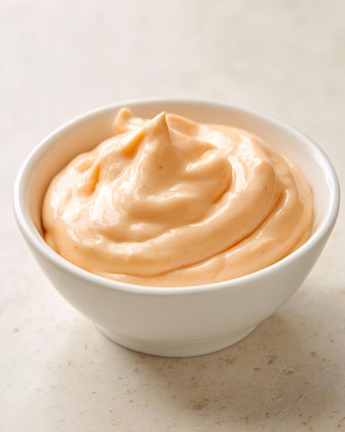 A small white bowl filled with creamy, orange-hued Copycat Raising Cane’s Sauce, ready for dipping.