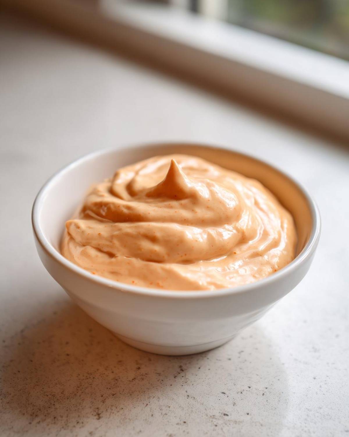 A small white bowl filled with creamy, orange-tinted Copycat Raising Cane’s Sauce, featuring a distinct peak.