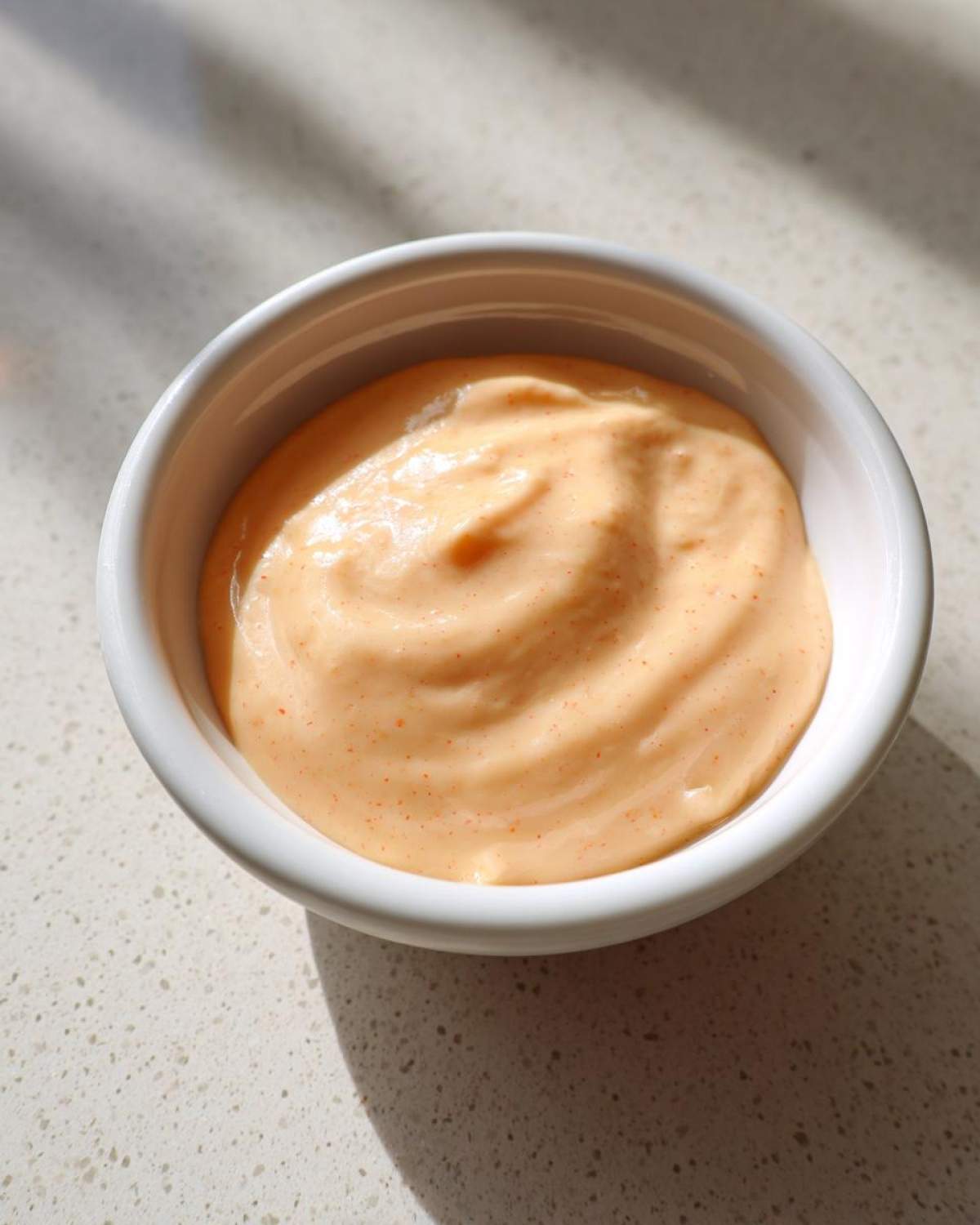 Close-up of creamy, orange-tinted Copycat Raising Cane’s Sauce swirled in a small white dipping bowl.