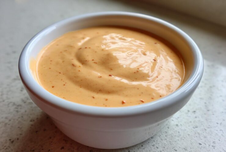A close-up, featured image of creamy, orange-hued Copycat Raising Cane’s Sauce speckled with red spices, served in a small white ramekin.