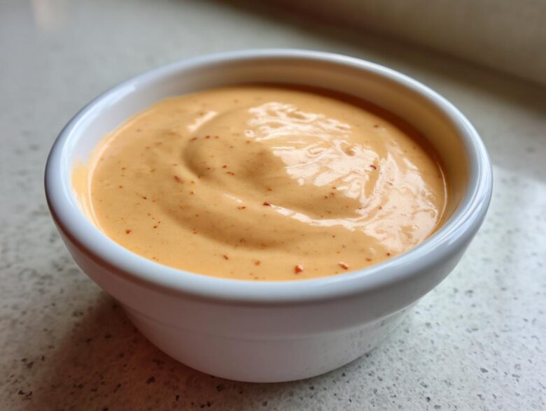 A close-up, featured image of creamy, orange-hued Copycat Raising Cane’s Sauce speckled with red spices, served in a small white ramekin.