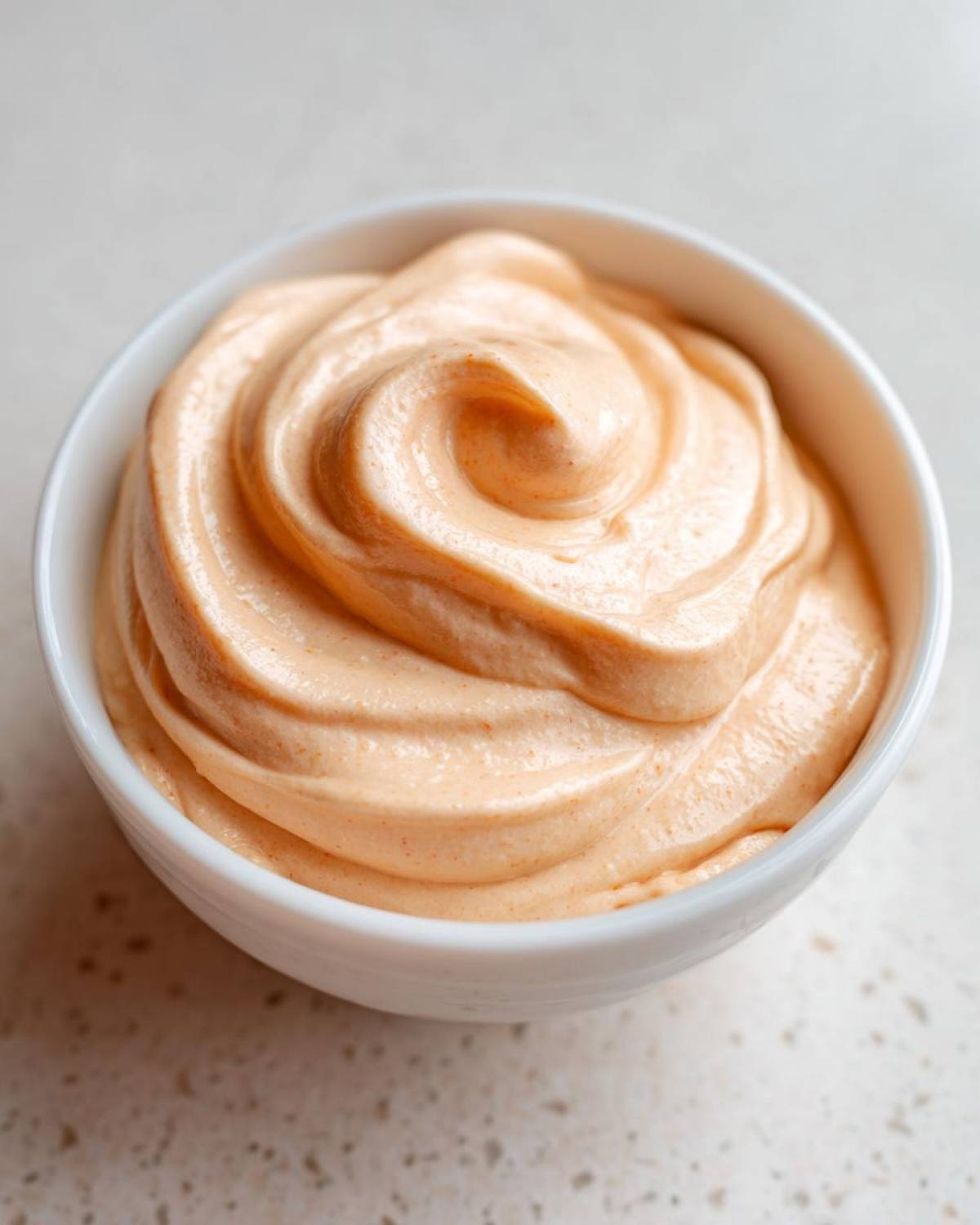 Close-up of creamy, orange-hued Copycat Raising Cane’s Sauce swirled perfectly in a small white bowl.