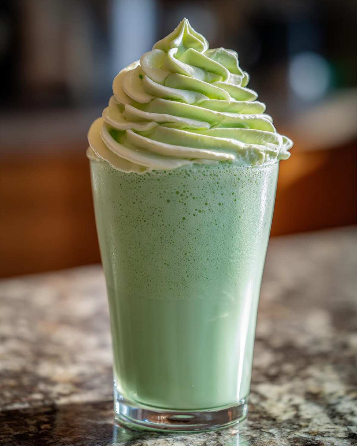 A tall glass of green Copycat Shamrock Shake topped with a swirl of light green mint whipped cream.