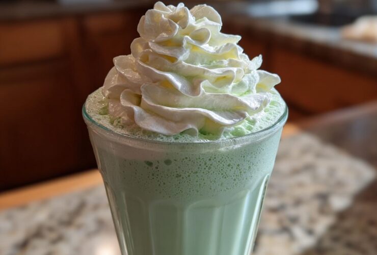 Close-up of a green Copycat Shamrock Shake with a tall swirl of white mint whipped cream on top.