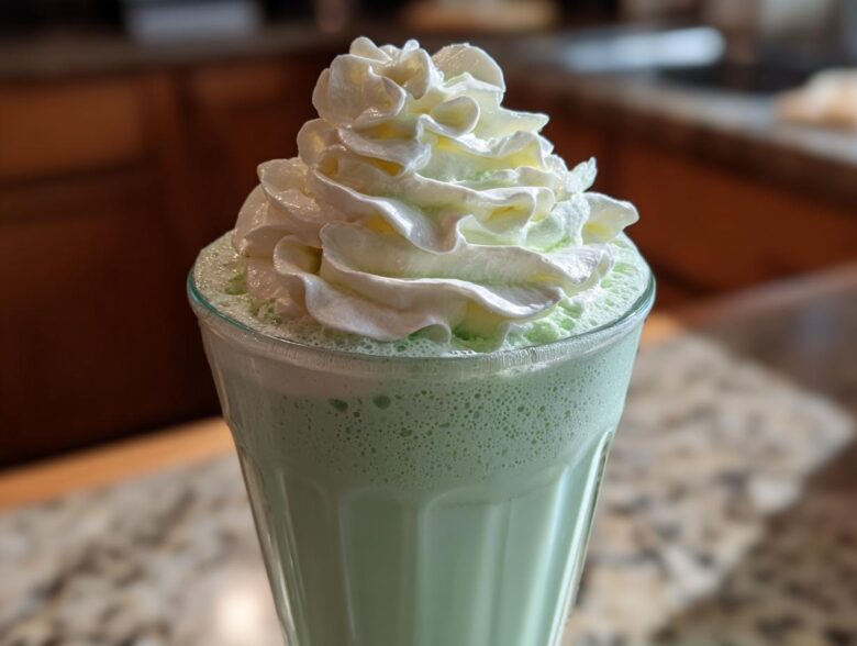 Close-up of a green Copycat Shamrock Shake with a tall swirl of white mint whipped cream on top.