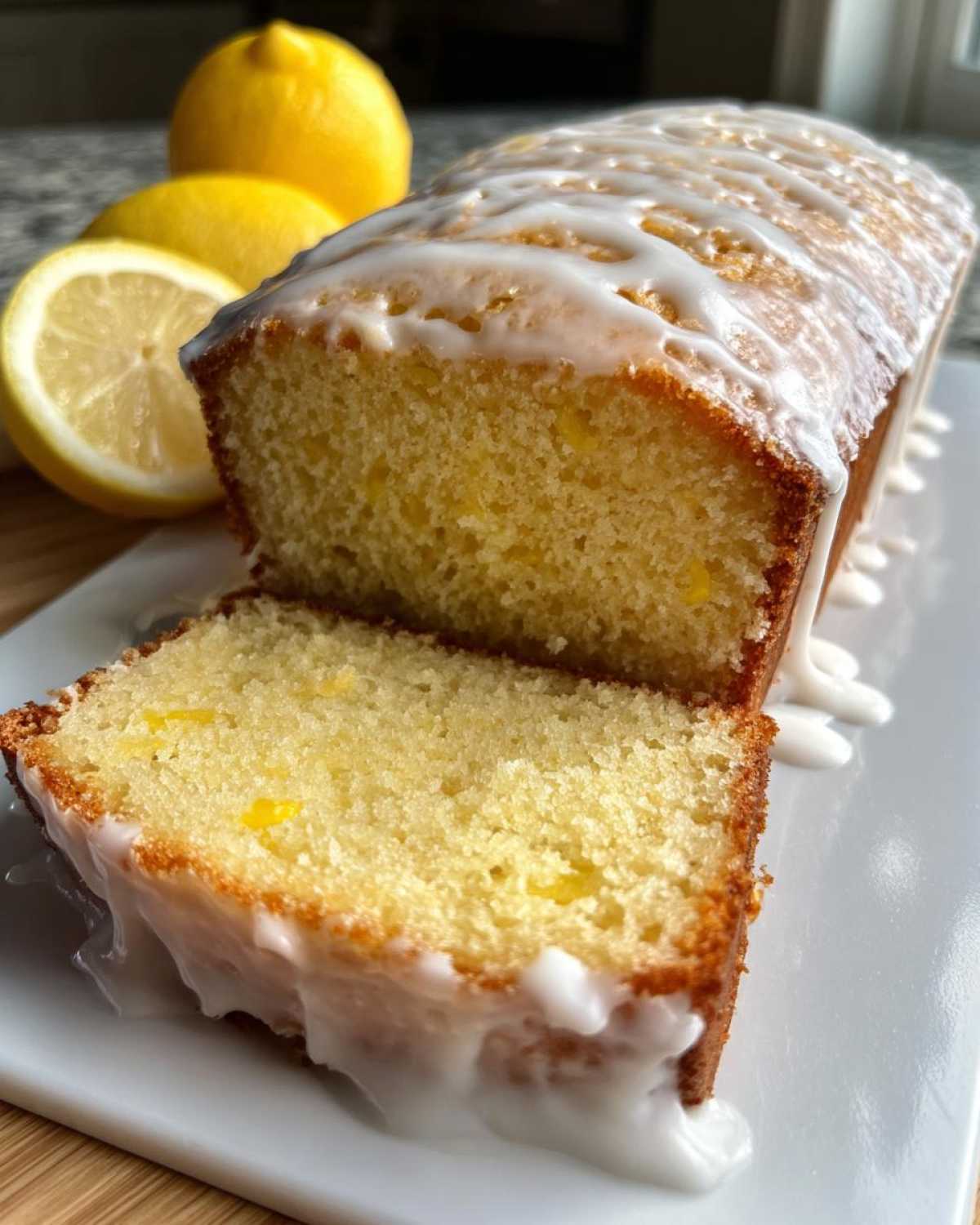 A moist slice cut from a Copycat Starbucks Iced Lemon Loaf drizzled with thick white glaze, with whole lemons in the background.