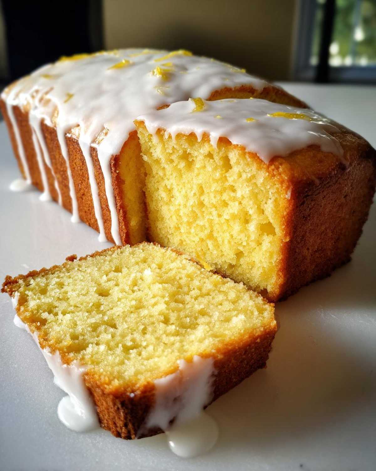 A moist slice cut from a Copycat Starbucks Iced Lemon Loaf topped with thick white icing and lemon zest.