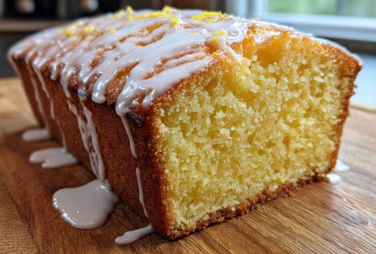 Close-up of a moist Copycat Starbucks Iced Lemon Loaf drizzled with white icing and lemon zest on top.