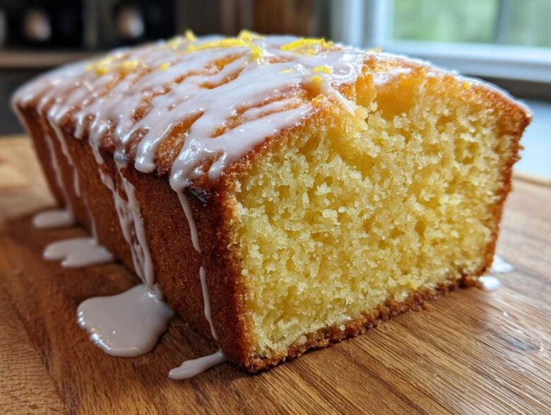 Close-up of a moist Copycat Starbucks Iced Lemon Loaf drizzled with white icing and lemon zest on top.