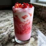 A tall glass filled with the Copycat Starbucks Pink Drink, showing layers of pink liquid, crushed ice, white coconut milk swirl, and dried strawberries on top.