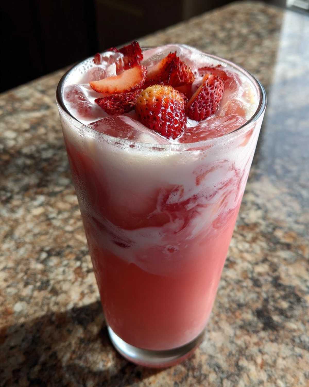 Close-up of a tall glass filled with a pink, creamy Copycat Starbucks Pink Drink, topped with ice and fresh strawberry slices.