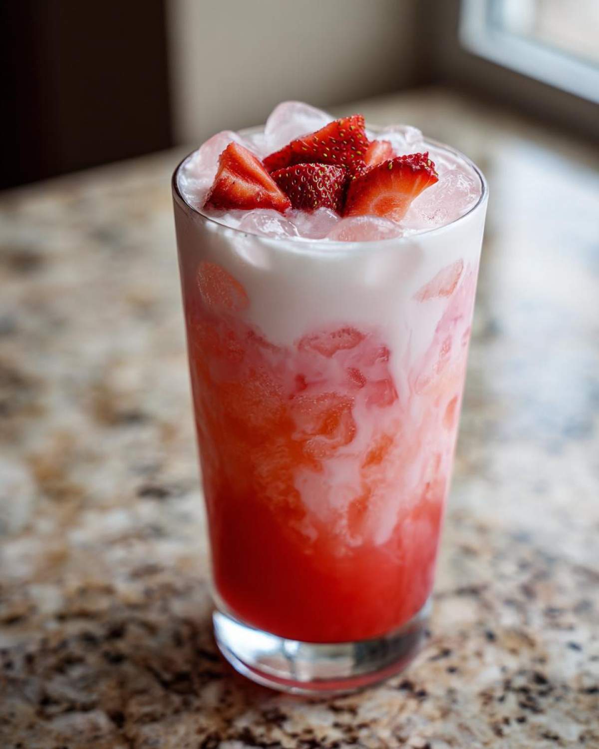 A tall glass filled with the Copycat Starbucks Pink Drink, topped with ice and fresh strawberry slices.