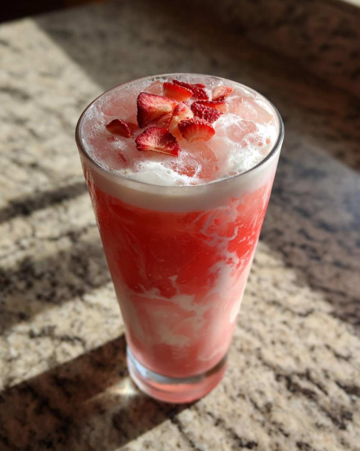 A tall glass filled with the vibrant pink Copycat Starbucks Pink Drink, topped with ice and strawberry pieces.