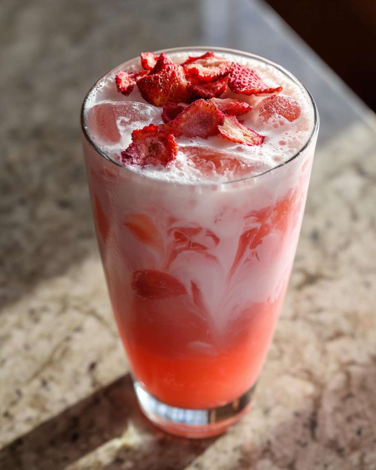 A tall glass filled with the vibrant pink and white swirled Copycat Starbucks Pink Drink, topped with dried strawberry slices.