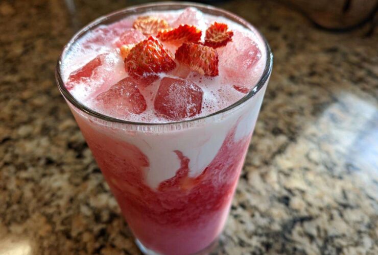 A tall glass filled with the pink and white layers of a Copycat Starbucks Pink Drink, topped with ice and sliced strawberries.