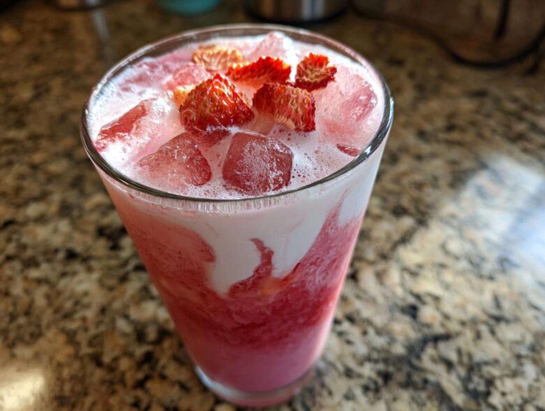A tall glass filled with the pink and white layers of a Copycat Starbucks Pink Drink, topped with ice and sliced strawberries.