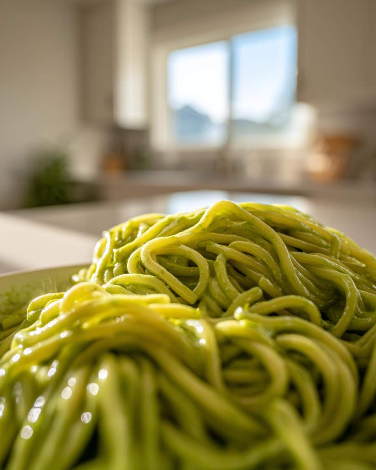 Close-up shot of bright green, glossy noodles coated in Creamy Avocado Pasta sauce.