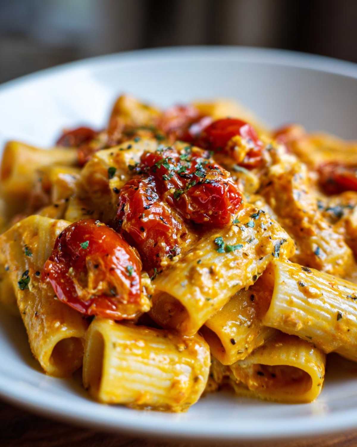 Close-up of rigatoni pasta coated in creamy sauce with roasted cherry tomatoes, part of Baked Feta Pasta with Cherry Tomatoes.