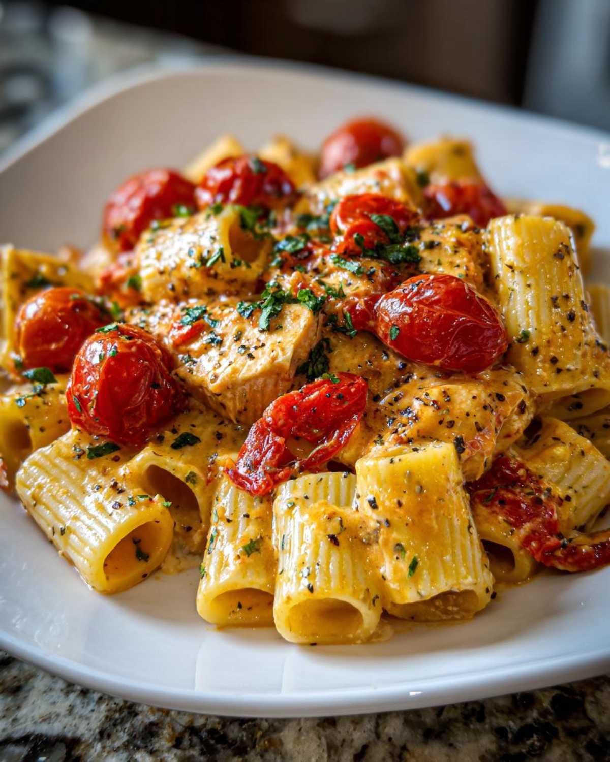 Close-up of creamy Baked Feta Pasta with rigatoni, roasted cherry tomatoes, and herbs.
