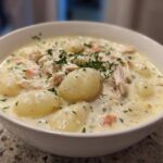 Close-up of a white bowl filled with rich Creamy Chicken Gnocchi Soup, topped with shredded chicken and fresh parsley.
