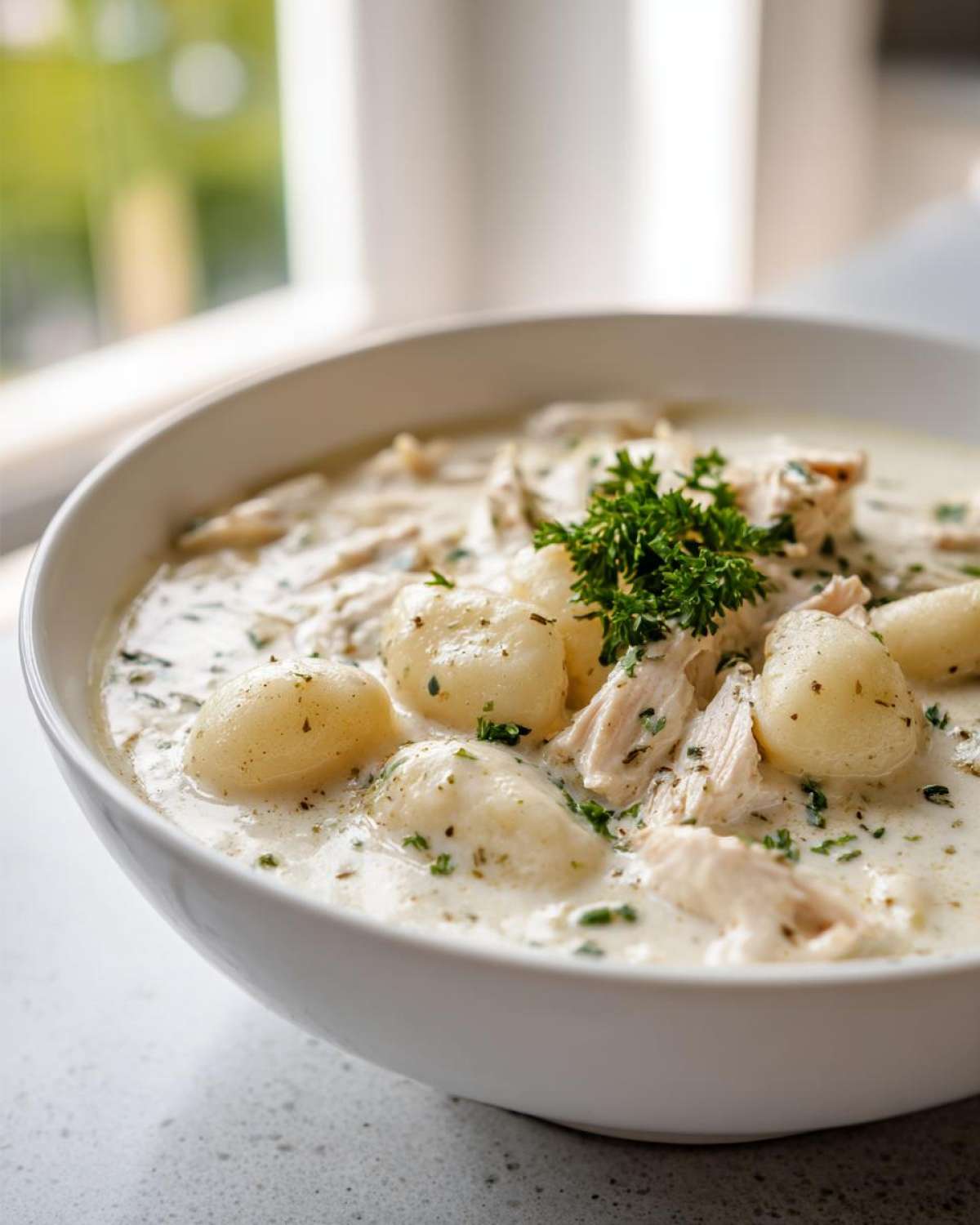 Close-up of a white bowl filled with rich Creamy Chicken Gnocchi Soup, garnished with fresh parsley.