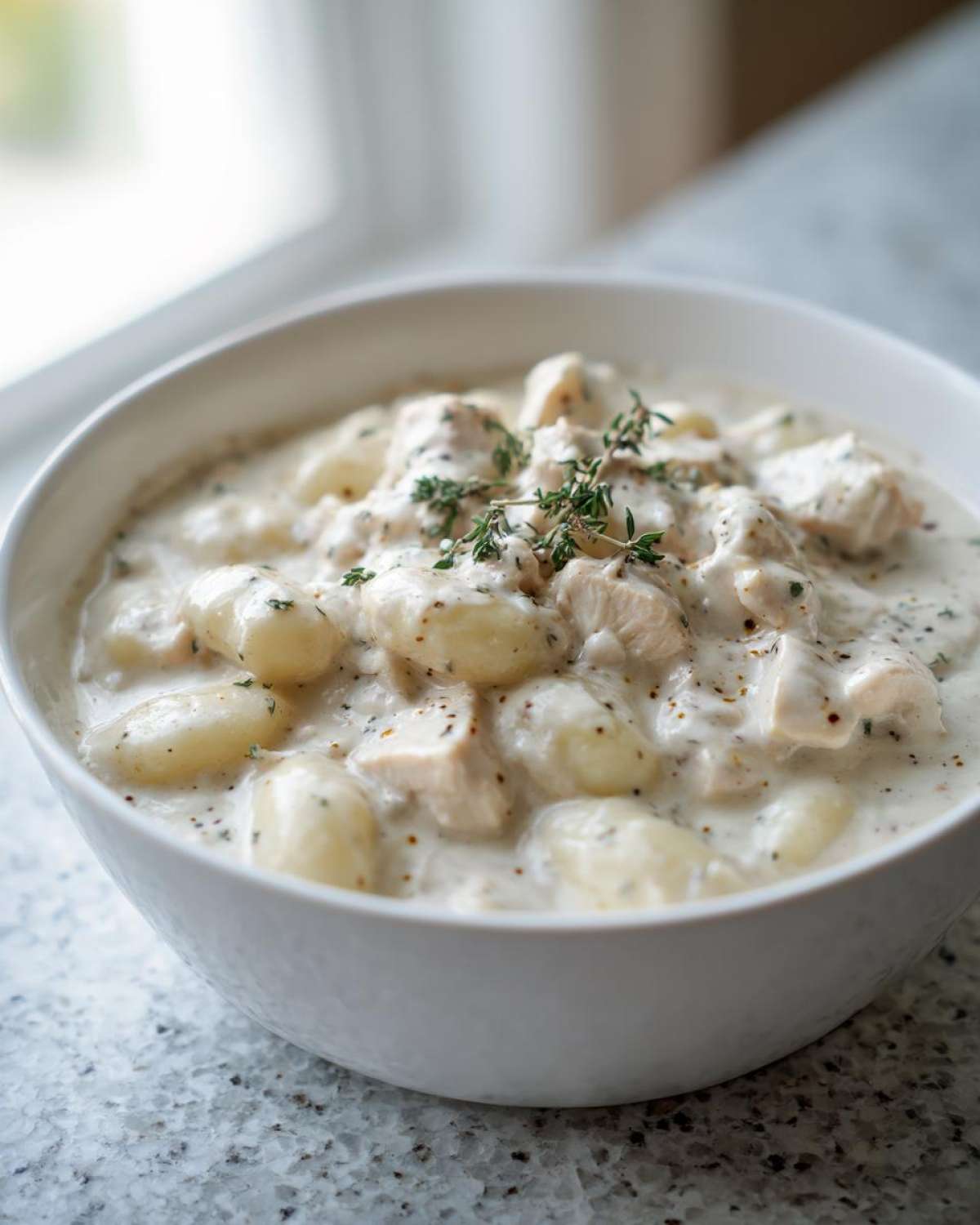 A close-up of a white bowl filled with rich Creamy Chicken Gnocchi Soup, topped with fresh thyme sprigs.