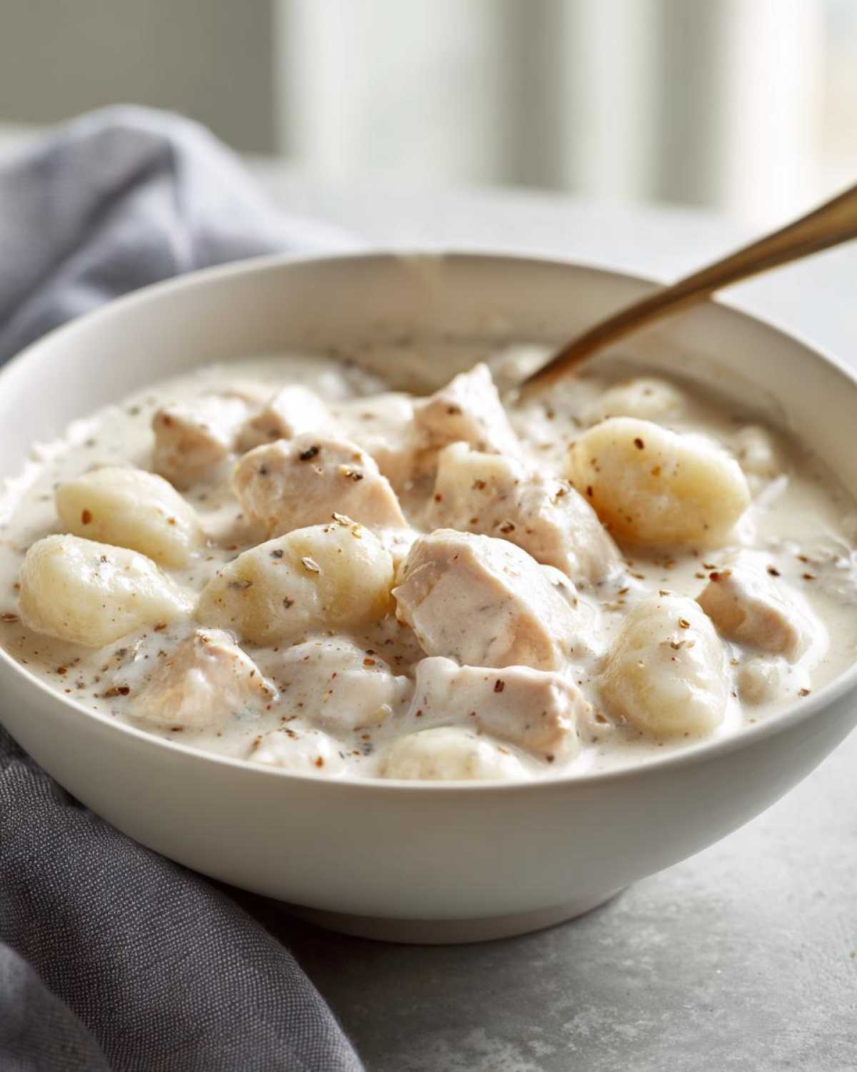Close-up of a white bowl filled with rich Creamy Chicken Gnocchi Soup, featuring tender chicken pieces and potato gnocchi.