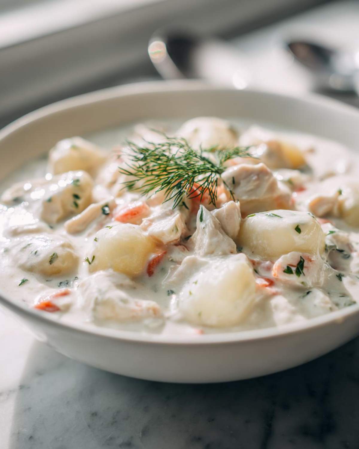 Close-up of a bowl of rich Creamy Chicken Gnocchi Soup, topped with fresh dill.