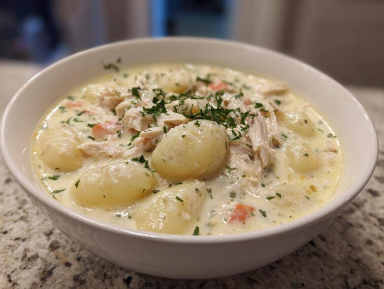 Close-up of a white bowl filled with rich Creamy Chicken Gnocchi Soup, topped with shredded chicken and fresh parsley.