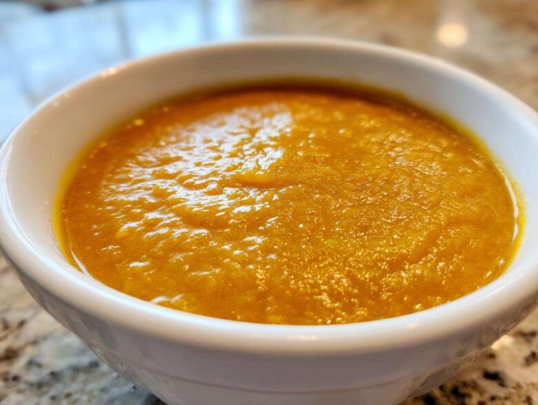 Close-up of a thick, vibrant orange Creamy Coconut Lentil Soup served in a white bowl.