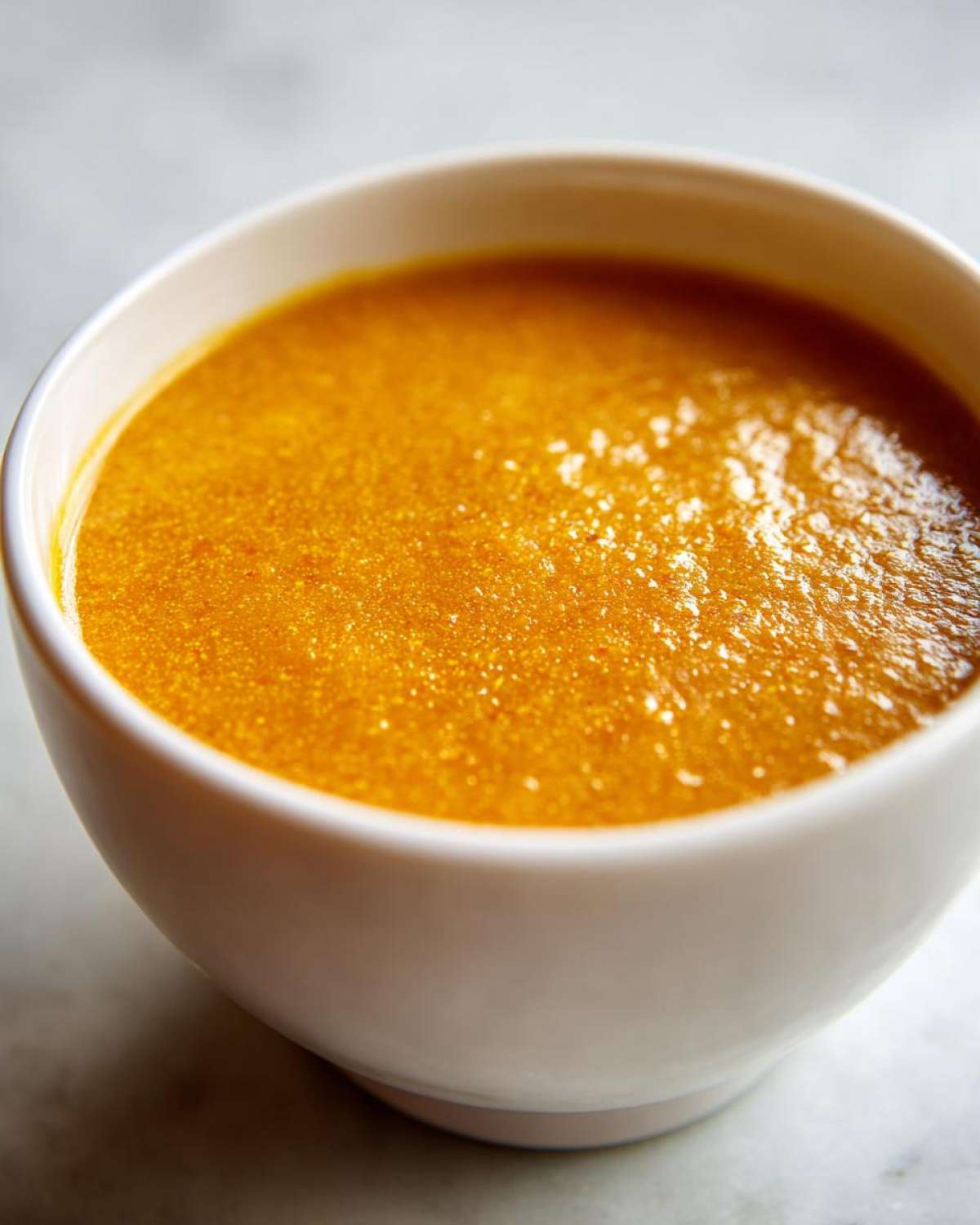Close-up of a white bowl filled with vibrant orange Creamy Coconut Lentil Soup.