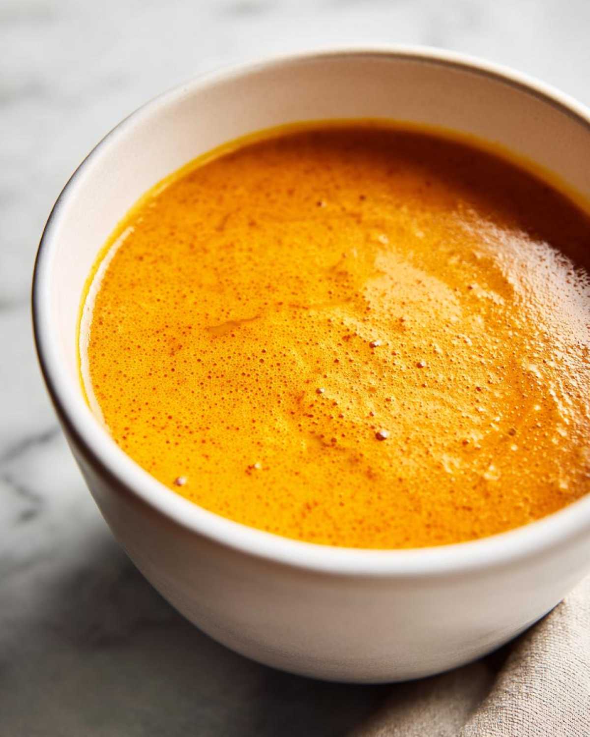 A close-up shot of vibrant orange Creamy Coconut Lentil Soup in a white bowl.
