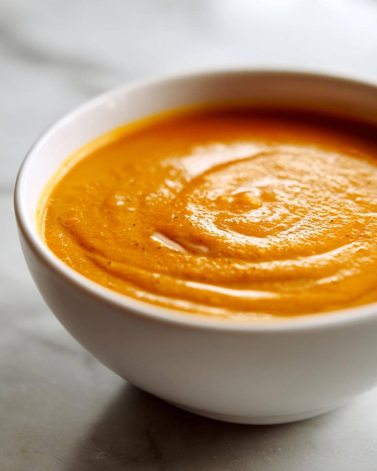 A close-up shot of rich, orange Creamy Coconut Lentil Soup swirled in a white bowl.