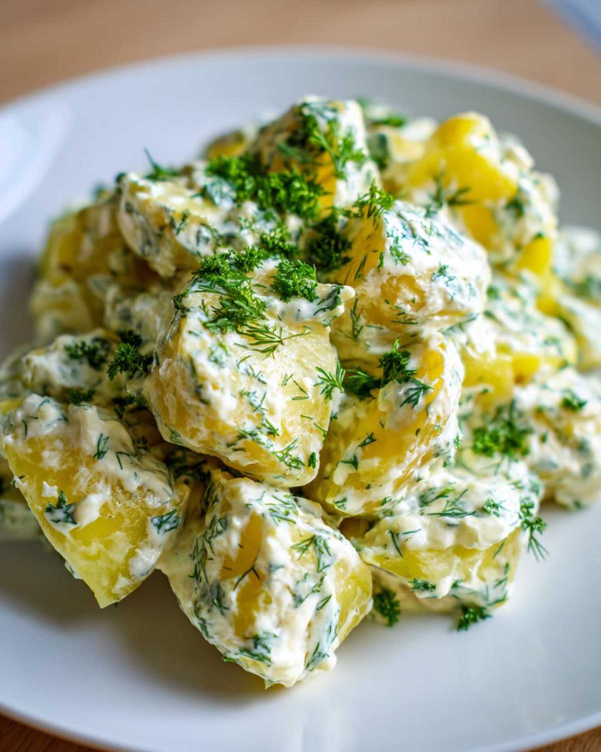 Close-up of chunks of potato coated in a creamy dressing mixed with fresh dill, served as Creamy Dill Potato Salad.