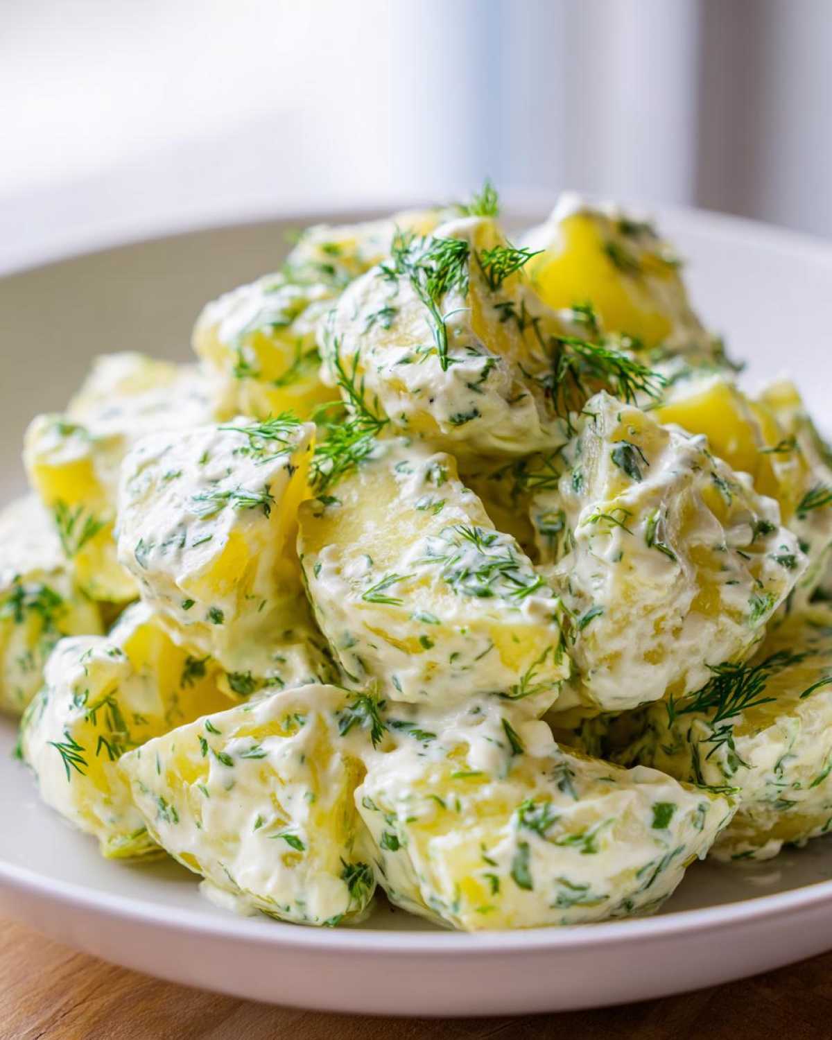 Close-up of chunky potatoes coated in a rich, creamy dressing mixed with fresh dill, showcasing the Creamy Dill Potato Salad.